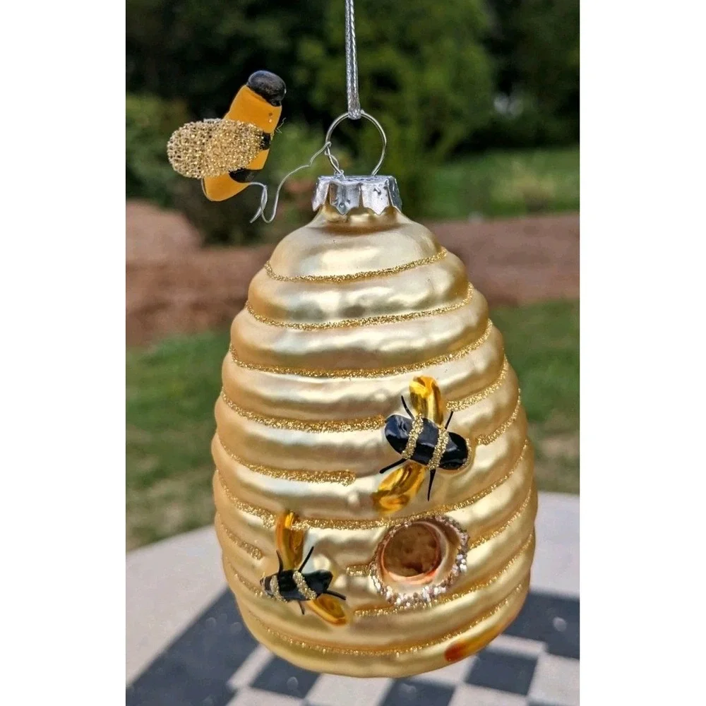 Beehive Bumble Bee Skep Glass Christmas‎ Ornament Beekeeper Apiarist